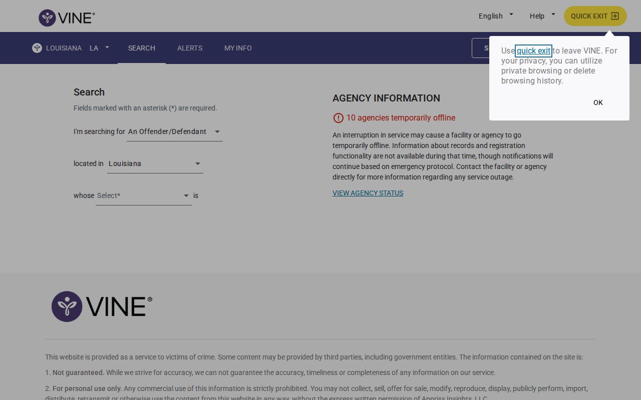 East Carroll Parish VINELink inmate search form for release records