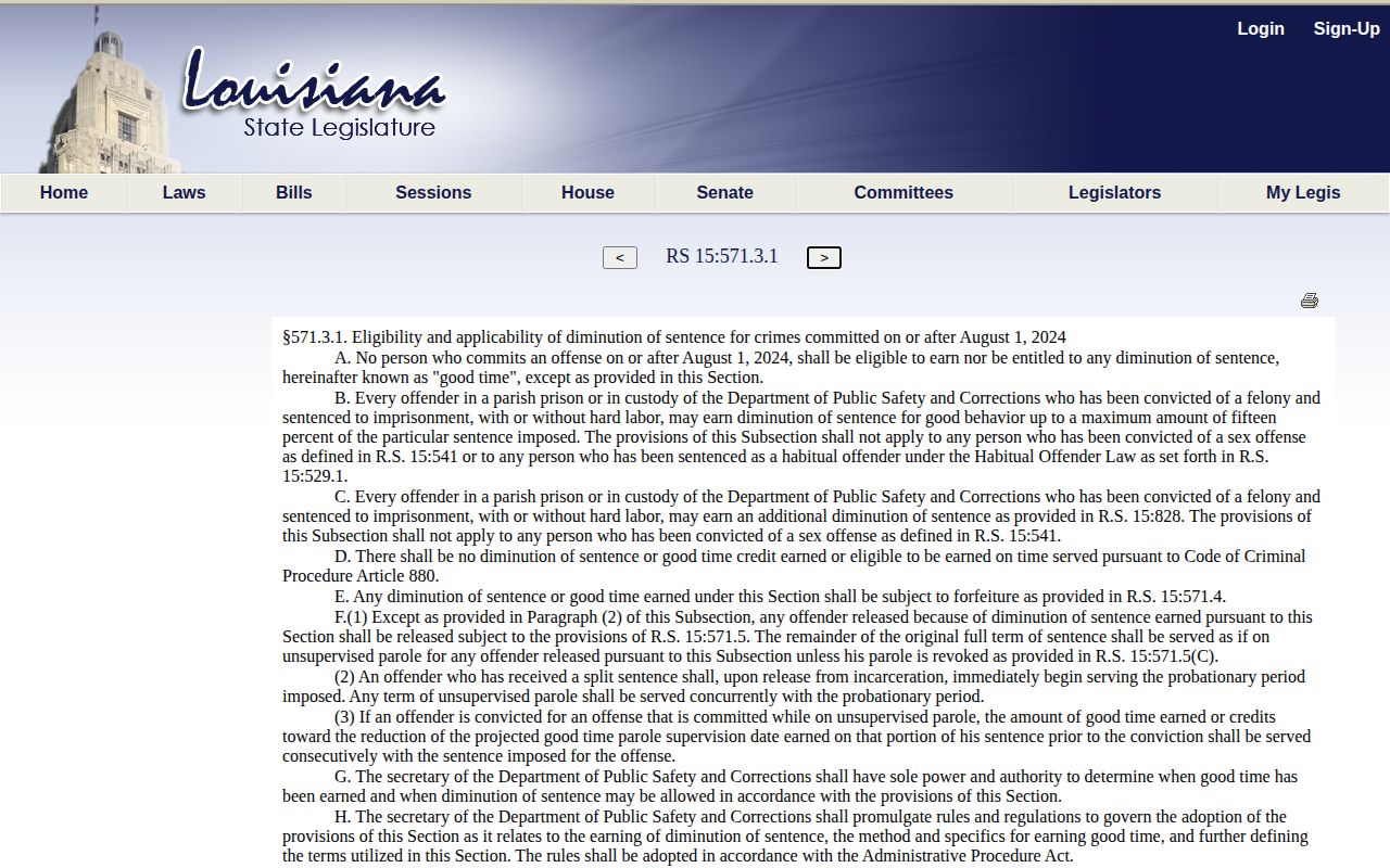 Louisiana good-time statute affecting East Carroll Parish projected release dates